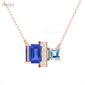 Collier artisanal en or fin 14 carats avec Tanzanite et Aigue-marine 7x5mm, serti de diamants pavés, fabrication OEM/ODM disponible - Product Image 2