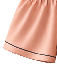 Ensemble pyjama personnalisé en satin pêche pour femme, comprenant un haut de pyjama et un short, vêtements de nuit doux en soie, ensemble deux pièces d'été pour la détente avec nœud gris foncé - Product Image 5