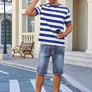 Camisetas de Manga Corta para Hombre, a Rayas, Cuello Redondo, Estilo Casual, Color Block, Elásticas, Ligeras, de Algodón, para Playa o Verano - Product Image 4