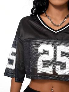 Design Your Own Crop <b>Tops</b> Short Sleeve Football Jersey V Neck Crop <b>Top</b> T-Shirt for Women Sportswear - Product Image 3