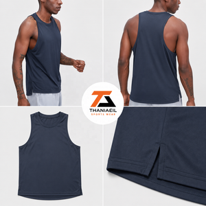 Men's <b>Navy</b> Blue Sleeveless Tank <b>Top</b> O-Neck Solid Color Knitted Quick Dry Polyester Casual Fitness Wear - Product Image 3