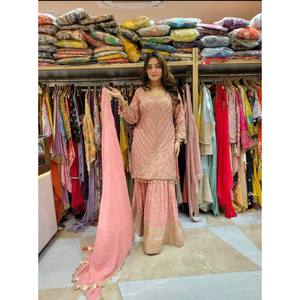 Heavy Embroidery Work Party Wear Salwar Kameez <b>Top</b>-Plazzo and Dupatta in XL Size Made of Polyester - Product Image 4