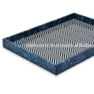 Plateau de service rectangulaire artisanal en os incrusté noir et blanc, présentoir décoratif pour table basse et décoration intérieure - Product Image 1