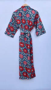 Kimono luxueux en coton imprimé à la main, à manches longues, pour usage quotidien, robe longue standard, peignoir, vêtements de détente, été - Product Image 3
