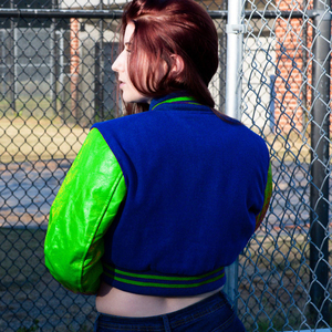 Womens Varsity Crop <b>Jacket</b> Red <b>Lime</b> <b>Green</b> Letterman Style Bomber Coat Faux Leather Sleeves Casual Outerwear Ladies Fashion - Product Image 5