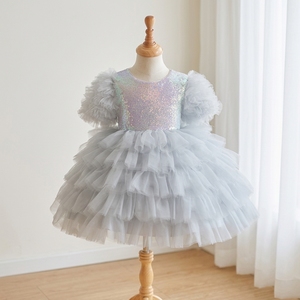 Robe de Princesse de Luxe Gris Argenté Premium pour Filles, Robe de Bal en Tulle Superposé à Paillettes Holographiques, Longueur Genou, pour Fête d'Anniversaire, Boutique - Product Image 1
