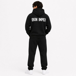 Custom Men Black Hoodie Tracksuit <b>Set</b> Printed Fleece Jogger Sweatsuit Streetwear OEM Private Label - Product Image 2