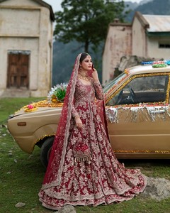 Pakistani Classic Wedding Gown Red Embroidered Crystal Beaded <b>Floor</b>-Length A-Line Silhouette Natural Waistline Long Sleeves <b>Boat</b> - Product Image 1