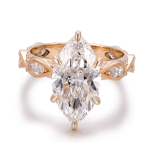 Anillo de Compromiso de Oro Rosa con Moissanita, Piedra Central Marquise, Anillo de Boda Vintage con Halo, Joyería de Lujo - Product Image 4
