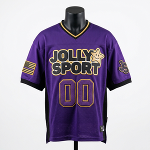 เสื้อฟุตบอลชาย 180 GSM ผ้าโพลีเมชระบายอากาศดี สีม่วงทอง ดีไซน์แผงสีทอง 100% ผ้าฝ้าย เสื้อยืดผู้ชายทรงหลวม พิมพ์ลาย - Product Image 1