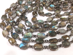 Brass Natural Labradorite Gray Flashy <b>Cushion</b> Shape 8x10mm Bezel Connector Chain Sold Per Foot for Jewellery Making - Product Image 2