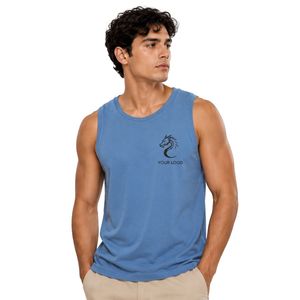 Débardeur sans manches bleu personnalisé avec logo dragon minimaliste imprimé – Gilet en coton personnalisé pour homme, col rond, style décontracté streetwear estival - Product Image 1