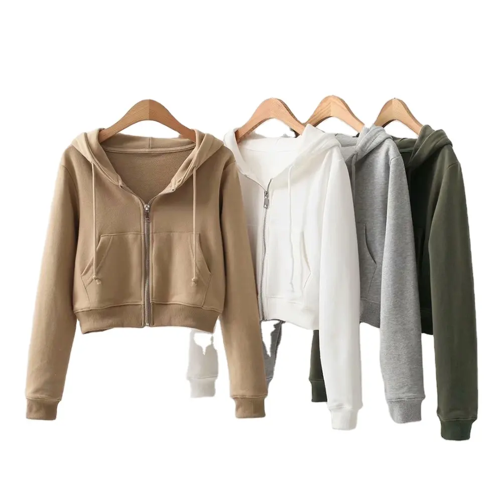 Chaqueta con cremallera para mujer hecha a medida al por mayor sudadera de color sólido con sudaderas con cremallera y Top corto para decoración de logotipos