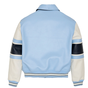 เสื้อแจ็คเก็ตวาร์ซิตี้สีฟ้าอ่อน ขาว กรมท่า สำหรับผู้ชาย แบบกำหนดเองได้ แจ็คเก็ตเบสบอลทรงบอมเบอร์ สตรีทแวร์ ชุดทีม ขายส่ง - Product Image 2