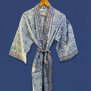 Kimono de algodón azul con estampado a mano, bata nupcial, regalo de boda, elegante ropa de estar para mujer - Product Image 1