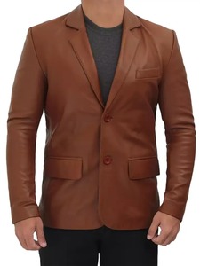 Mens Cognac <b>Leather</b> <b>Blazer</b> - Product Image 1