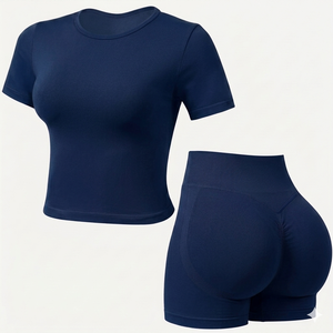 <b>Womens</b> Seamless navy blue yoga Set <b>Short</b> Sleeve Fitness Top 2 piece breathable High Waist Scrunch <b>Shorts</b> Gym Sportswear Outfit - Product Image 1