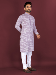 <b>Men's</b> Lavender White Geometric Kurta <b>Pajama</b> <b>Set</b> Knee Length Traditional Ethnic Wear - Product Image 3