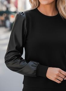 T-shirts respirants à manches en cuir PU, col rond, couleur noire unie, pour sports de plein air, décontractés, grandes tailles, vente en gros, OEM, ODM - Product Image 2