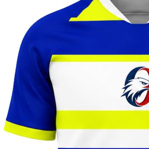 เสื้อฟุตบอลแขนสั้นสีน้ำเงินและสีเหลือง ดีไซน์ตัดกันโดดเด่น เหมาะสำหรับกีฬาทีมและการแข่งขัน - Product Image 3