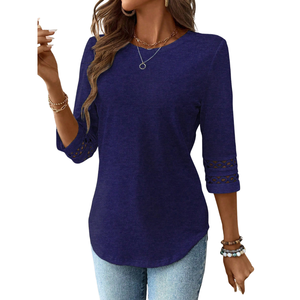 Chemise décontractée pour femmes à manches longues et col rond, coupe ajustée, avec bordure en dentelle, pour un usage quotidien, en polyester/coton - Product Image 1