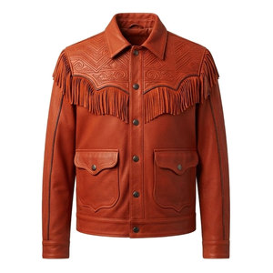 Embossed <b>Western</b> Leather <b>Jacket</b> Men Stylish Fringe Outerwear For Outdoor Casual Wear Cowboy Fashion And Streetwear - Product Image 1