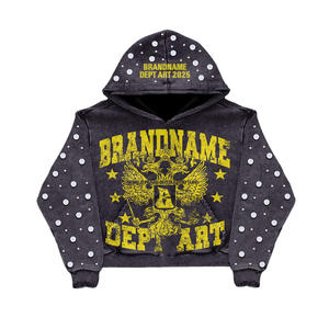 Women's Acid Wash 100% Cotton Hooded Sweatshirt with Adjustable Drawcord and <b>Zip</b>-<b>Up</b> <b>Crop</b> Zipper - Product Image 3