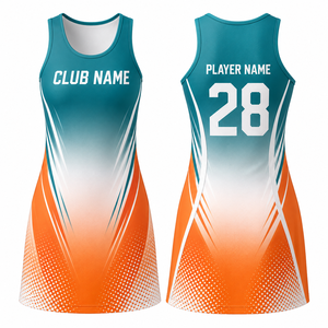 Uniforme de netball sans manches personnalisé pour femmes, dégradé bleu sarcelle et orange, impression par transfert thermique, respirant, 100 % polyester, fusion sans couture - Product Image 1