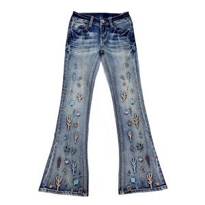 Jeans en denim évasés avec broderie personnalisée, ultra-doux, respirants, écologiques, broderie pour femmes, tissu de qualité supérieure, séchage rapide, coton - Product Image 3