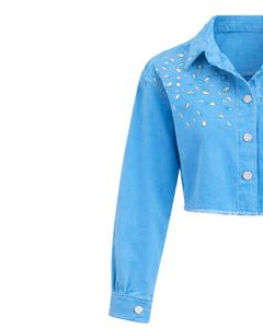 Veste en jean courte bleu ciel personnalisée pour femme avec empiècement orné de strass, boutonnée, manches longues, style streetwear décontracté - Product Image 5