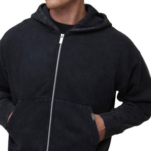 Sudadera con capucha para hombre de algodón grueso con cremallera, forro polar lavado, color negro, estilo oversize, streetwear, fabricación OEM con logo personalizado, MOQ bajo. - Product Image 4
