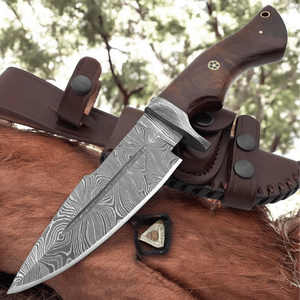 Cuchillo de Caza de Acero de Damasco Premium con Hoja Fija, Filo Afilado, Empuñadura de Madera Cómoda y Funda Protectora de Cuero - Product Image 1