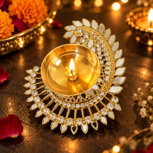 Diya en laiton avec décorations miroir – Élégante lampe décorative artisanale pour Diwali, Pooja, décoration intérieure et cadeaux festifs - Product Image 3