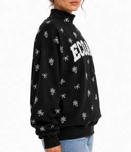 Sweat-shirt à capuche noir à col montant avec motif brodé en forme de nœud pour femme, streetwear décontracté - Product Image 2