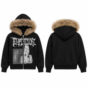 Sweat-shirt noir à capuche zippé avec doublure en fausse fourrure et imprimé graphique, veste d'hiver style punk pour femme - Product Image 1
