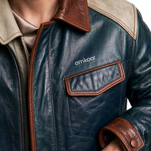 Amkoor Men's Genuine Leather Motorcycle <b>Jacket</b> <b>Slim</b> <b>Fit</b> Turn-Down Collar Zipper Closure Solid Color Autumn Biker <b>Jacket</b> - Product Image 5