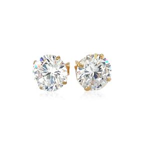 Pendientes de tuerca redondos de circonita cúbica de 8.0 mm en oro amarillo de 14k con anillos de diamantes - Product Image 2