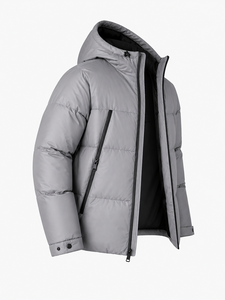 Veste matelassée grise à capuche pour homme, fermeture éclair, coupe-vent, décontractée, hiver, couleur unie, extérieur en polyester, coupe régulière épaisse - Product Image 3