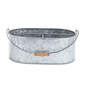 Rustic Farmhouse Style Galvanized Metal 6-Compartment Cutlery Caddy With Wooden Handle Multipurpose Oval Iron Utensil Holder - Product Image 1