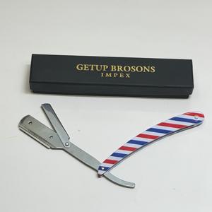 Getup Brosons Impex <b>Single</b> <b>Blade</b> Stainless Steel Safety <b>Razor</b> Red Blue White Striped Handle Men's Wet Shaving Barber Shop Use - Product Image 1