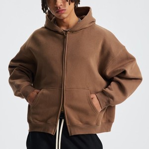 Sweat-shirt à capuche zippé oversize pour homme, marron uni, décontracté, avec poche kangourou, service de marquage et d'emballage personnalisés disponible - Product Image 1