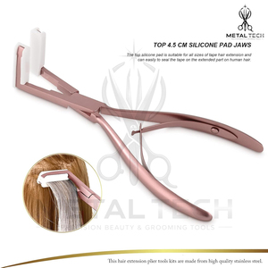 Pince professionnelle pour extensions de cheveux à bandes adhésives, couleur or rose, avec cadre métallique ergonomique, mâchoires en silicone souple, outil de pose à ressort lisse - Product Image 2