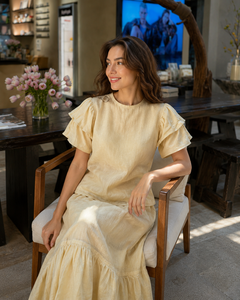 Plain Yellow Cotton-<b>Linen</b> Two-Piece Set | Ruffle Sleeve <b>Top</b> & Tiered Midi Skirt Bohemian Party Wear Outfit - Product Image 4