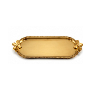 Golden Rectangular Serving <b>Tray</b> With Floral Handles Polished Metal Finish Residential Use - Product Image 1