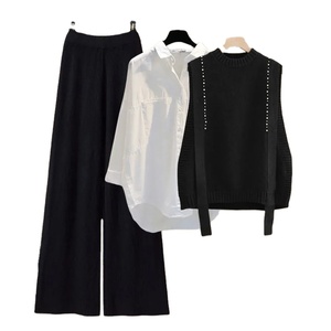 Conjunto de 3 piezas de punto de otoño e invierno, chaleco de punto elegante para mujer de oficina + camisas blancas + conjuntos de pantalones de pierna ancha para mujer, ropa - Product Image 6