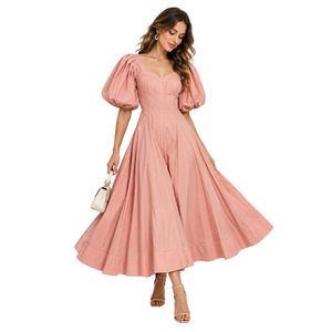 Robe décontractée pour femme, rose uni, longueur midi, à volants, manches courtes, col carré, respirante, printemps/été, vente en gros - Product Image 1