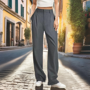 Mid Waist Wide Leg Flat Elastic Waist <b>80</b>% Polyester Women's Solid Color Anti-Wrinkle Loose Fit Knee Length Casual Winter Pants - Product Image 3