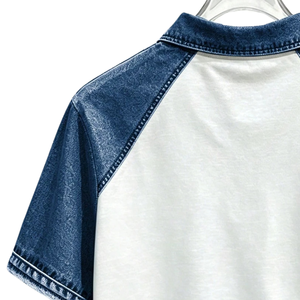 Chemise en coton uni pour homme, blanc et bleu, avec poche en jean contrastant, manches courtes, coupe classique, décontractée, respirante, tricotée pour l'été - Product Image 4