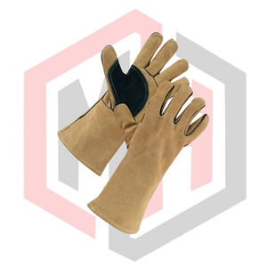 Gant de soudage en cuir beige avec renfort de paume vert pour doublure cousue, résistant aux déchirures, à l'usure et isolant thermiquement - Product Image 2