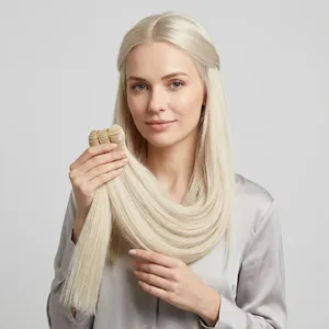 Extensiones de Cabello Humano Rubio Platino Largo y Liso, Juego Completo para Cabeza, 100% Densidad, Cabello Remy, Tamaño Personalizable - Product Image 4